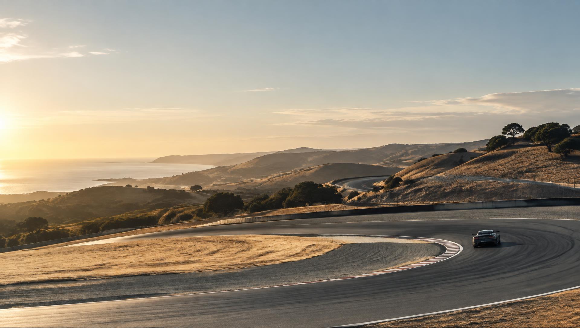 Race car rounding a circuit through California coastal hills at golden hour